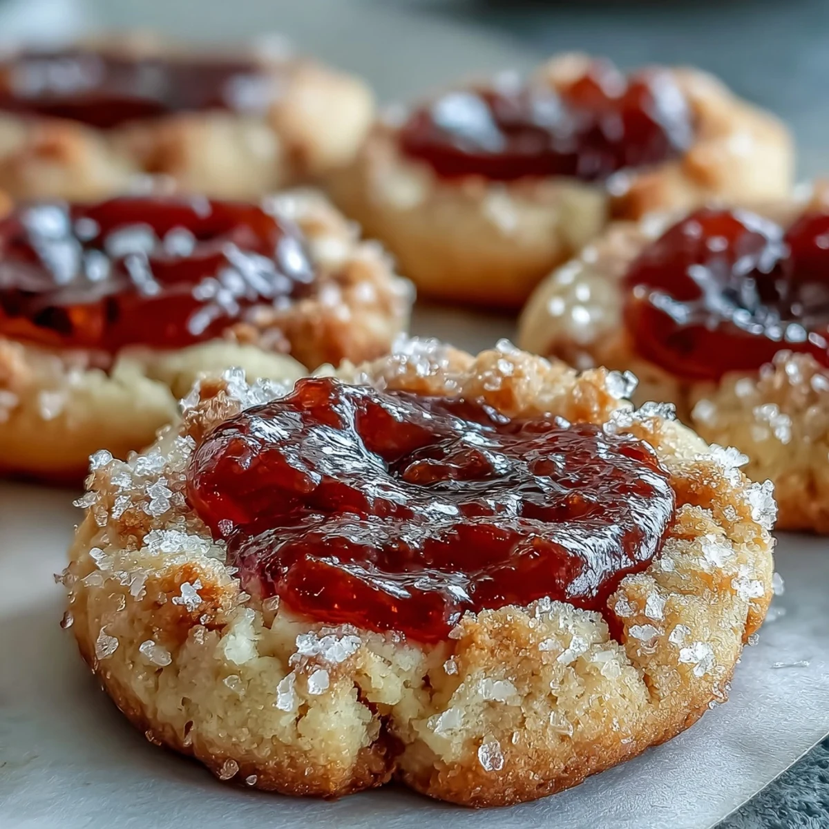 A platter of Guava Jam Thumbprint Cookies is dusted with powdered sugar, served beside a glass of cold milk for dipping.