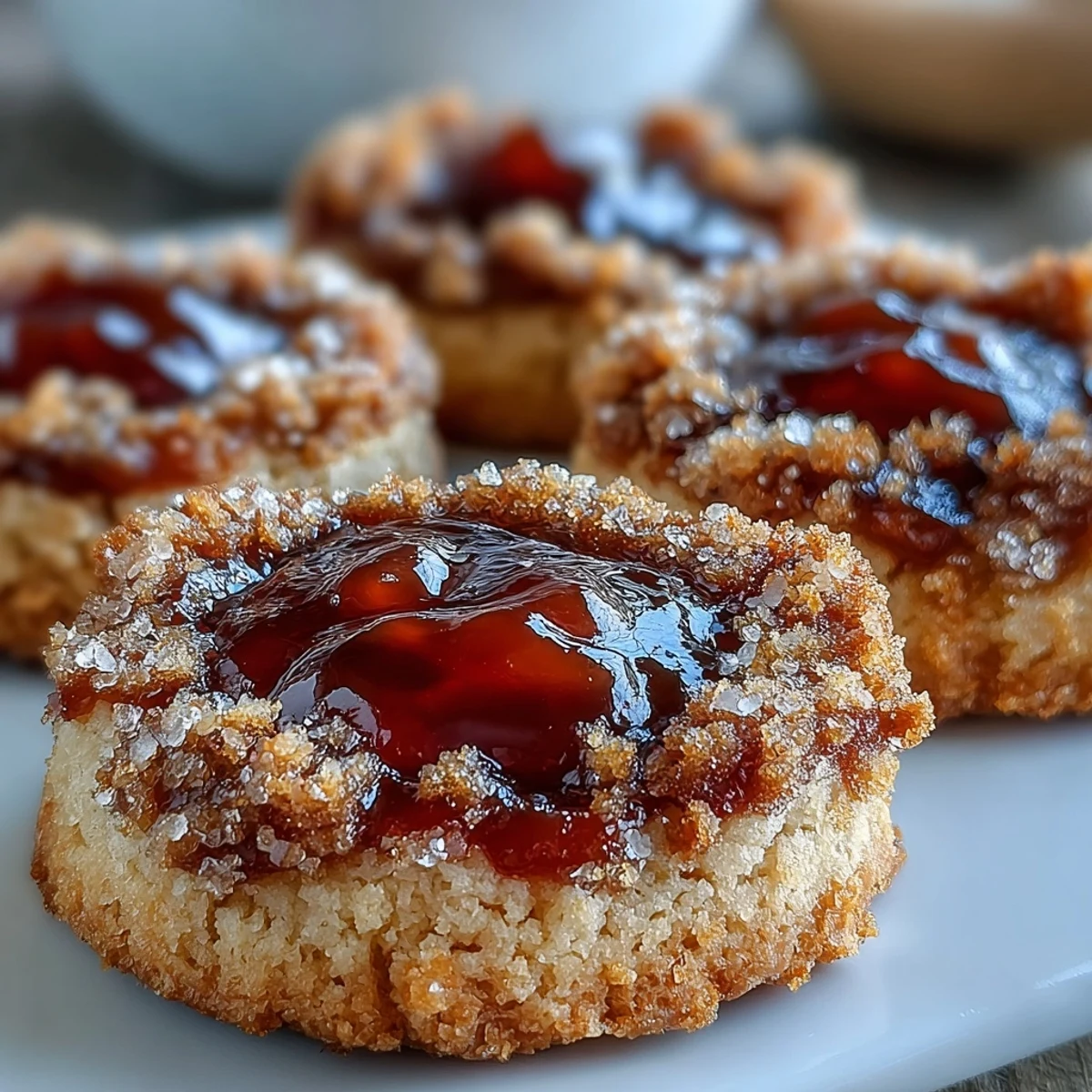 Golden-baked Guava Jam Thumbprint Cookies rest on a wire cooling rack, their crinkled edges framing bright pink tropical jam.