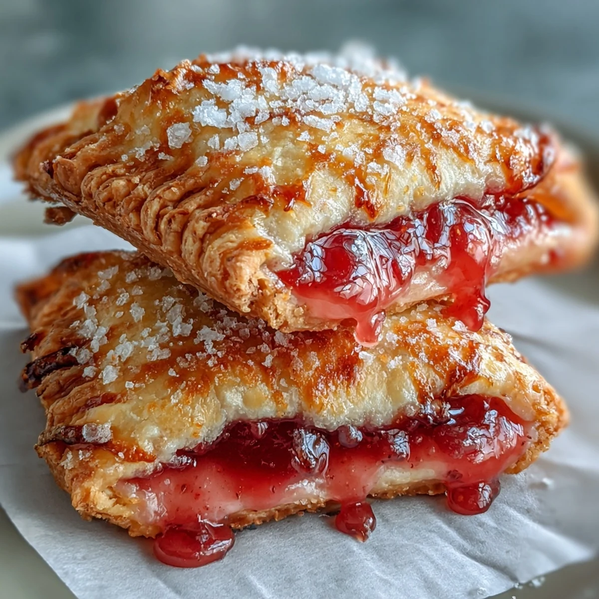 Freshly baked Guava Cheese Pop Tarts on a plate with a glossy pink glaze drizzle, golden crust edges crimped with a fork.