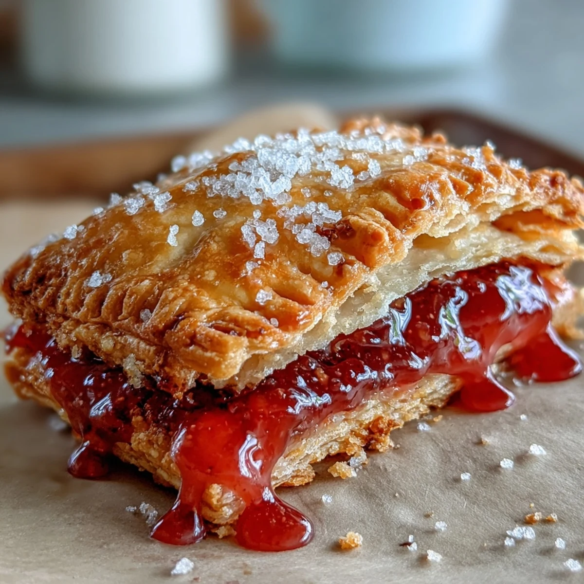 Sliced Guava Cheese Pop Tart on a wooden cutting board, revealing the vibrant pink guava jam and creamy white cheese interior.