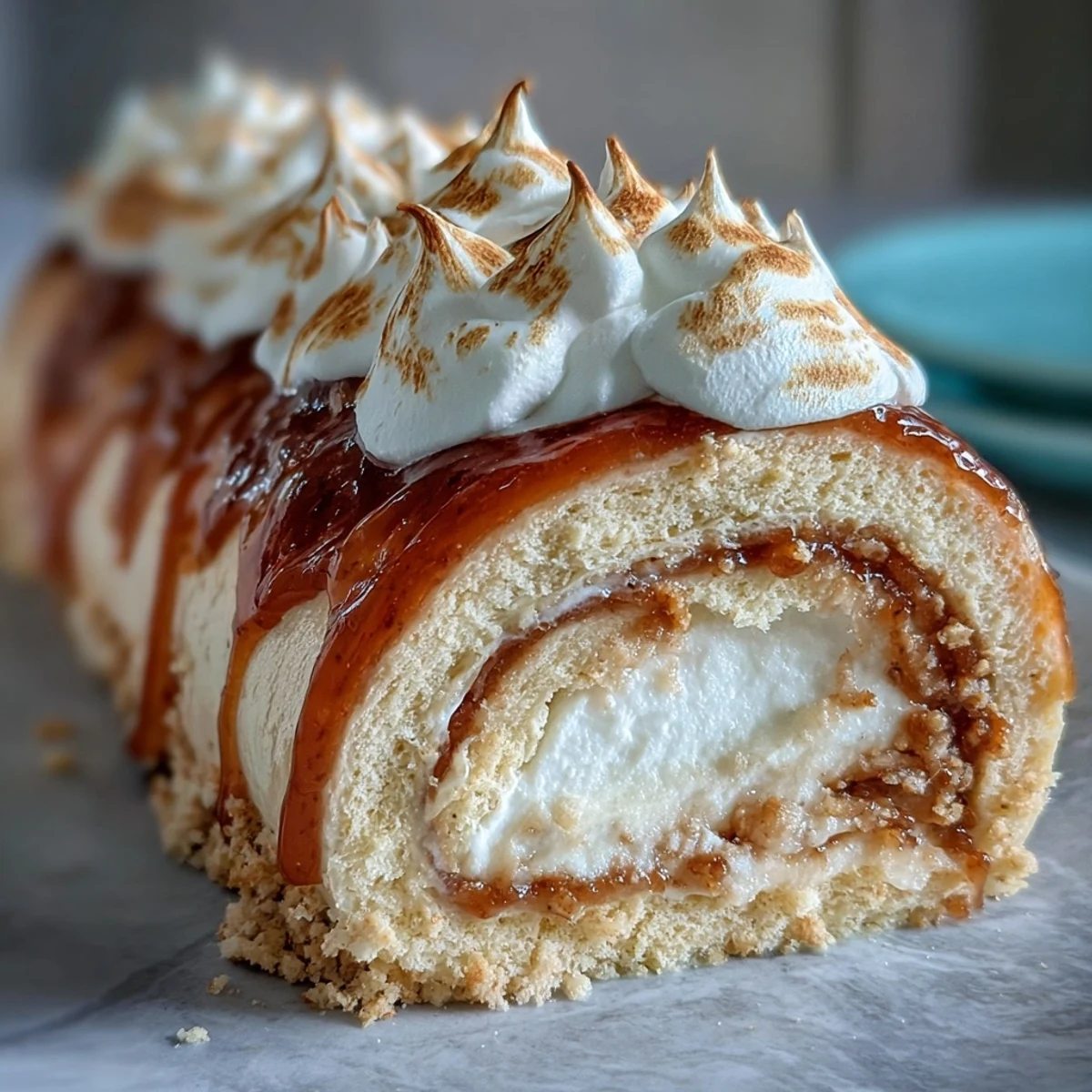 Freshly torched Homemade Brazo Gitano features glossy meringue, soft sponge, and guava filling, ready to serve with café con leche.