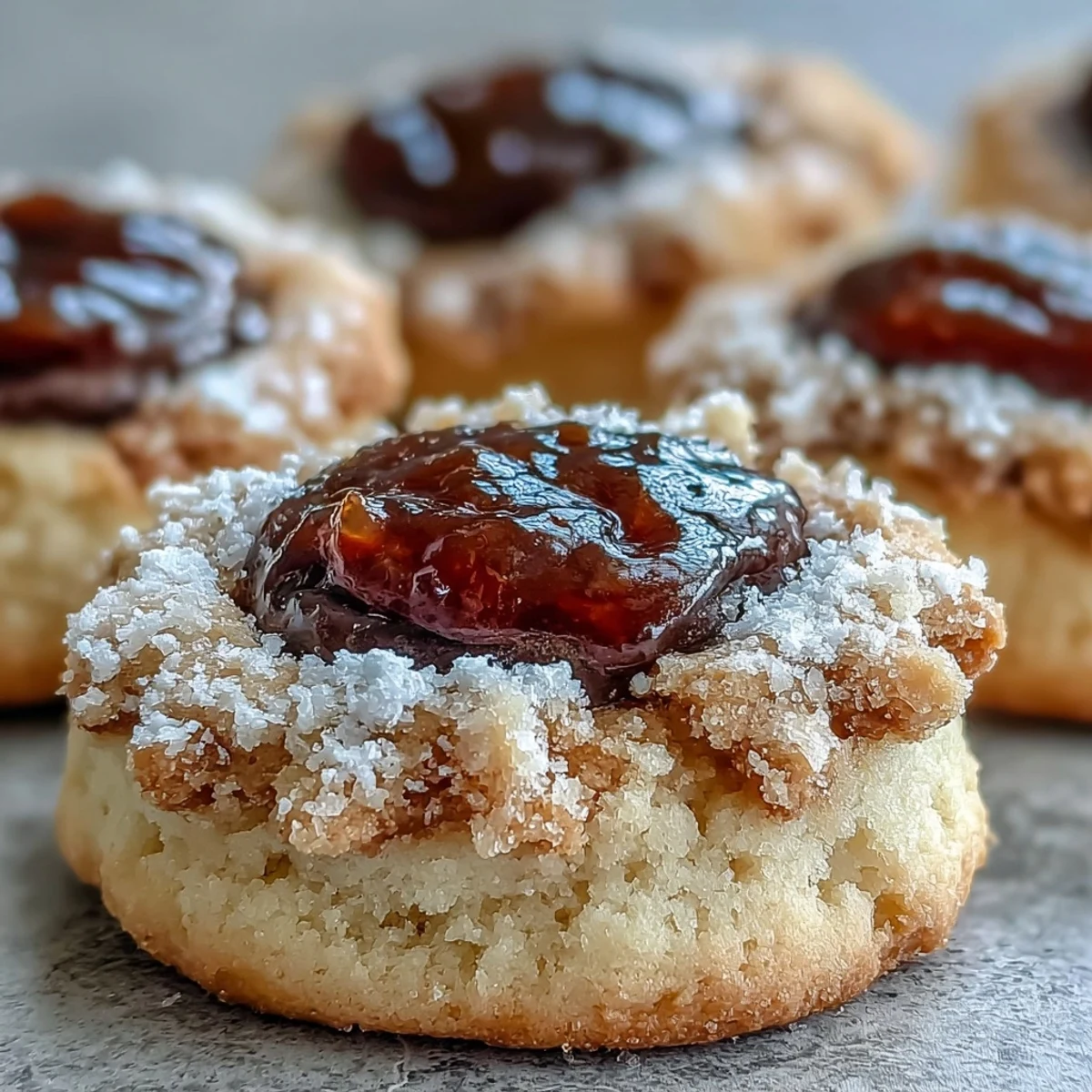 Buttery Torticas de Guayaba thumbprint cookies with a chocolate base and rich guava filling on a rustic wooden board.