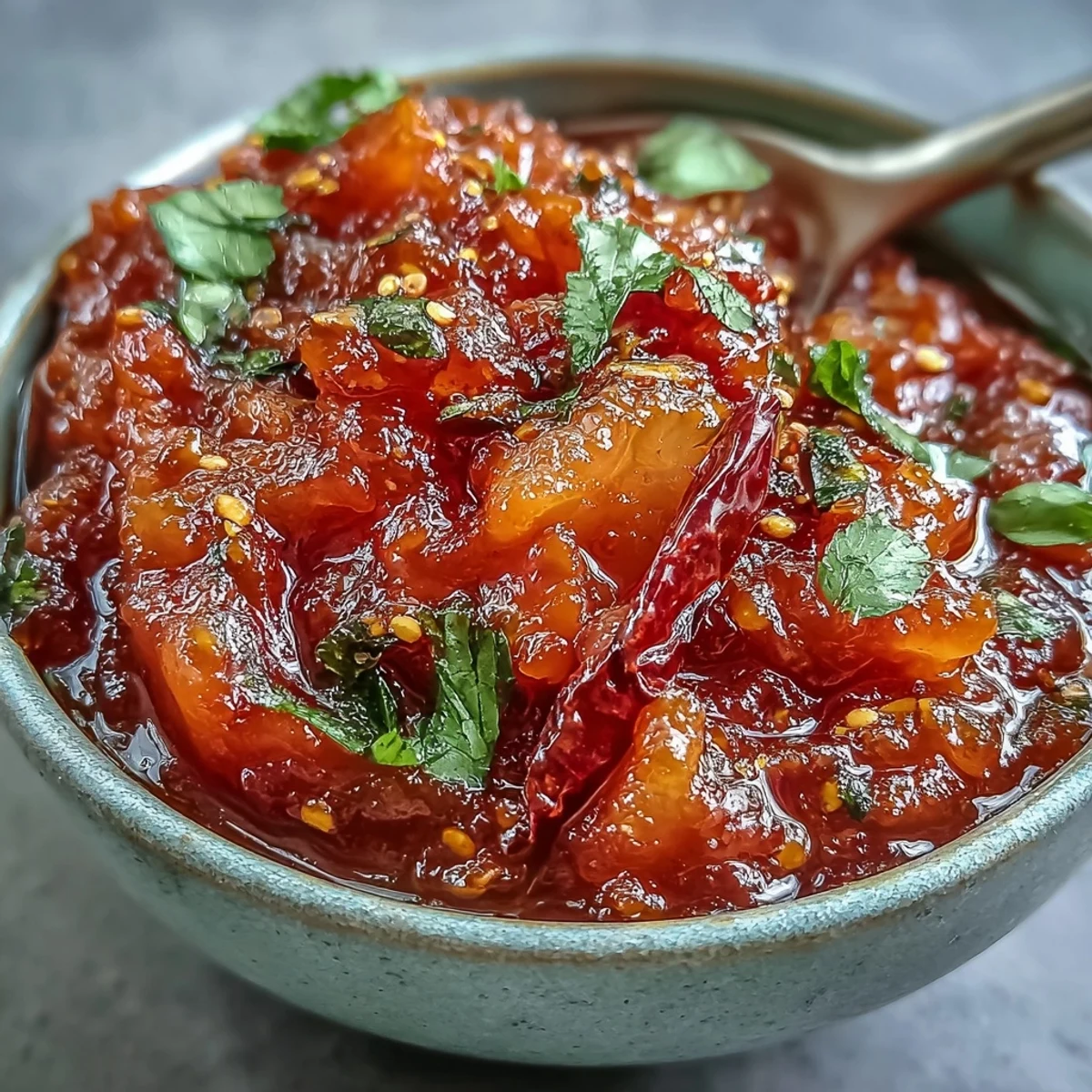 Golden-brown tempering with mustard seeds and curry leaves sizzles over the vibrant Guava Chutney in a rustic serving bowl.