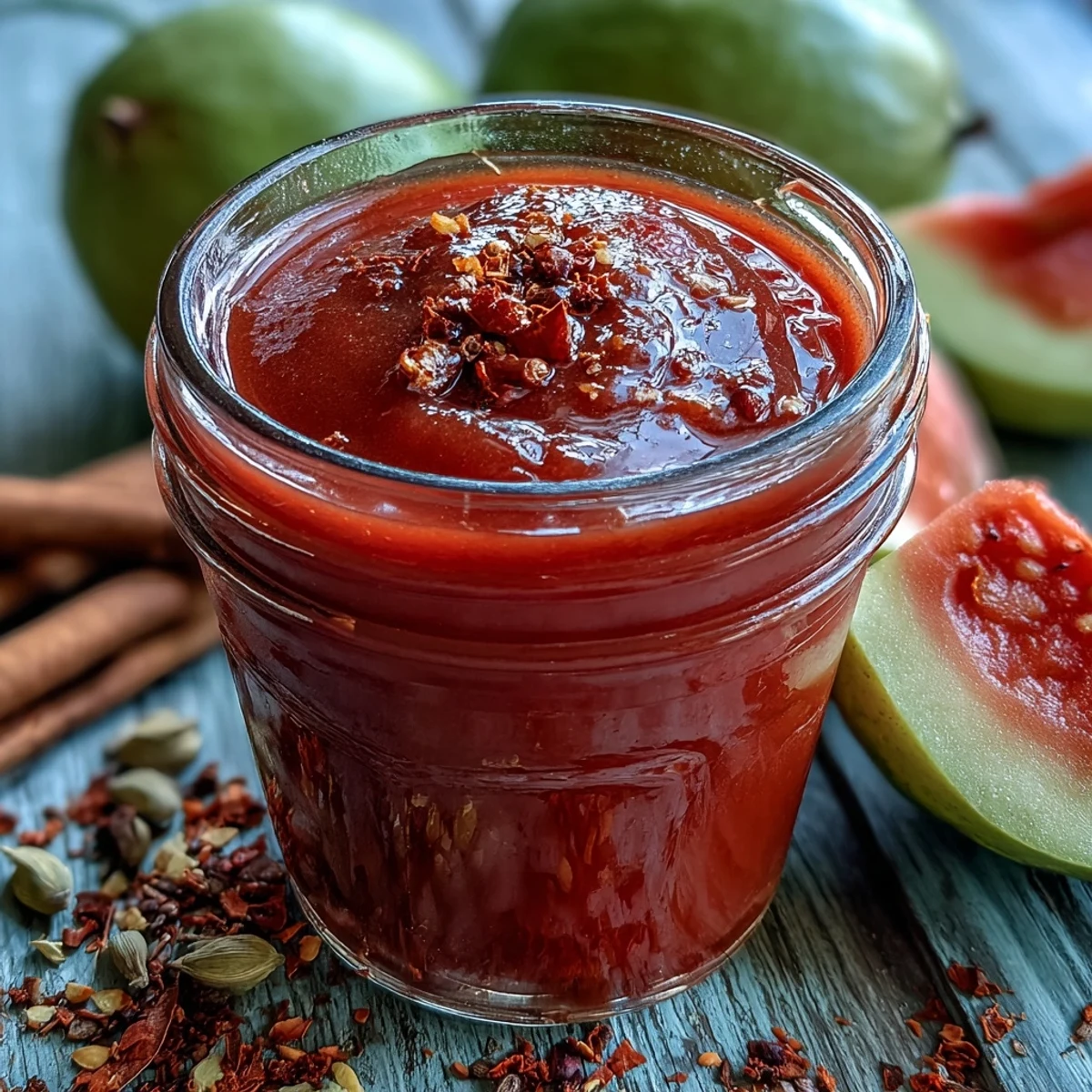 Tropical guava BBQ sauce simmering in a stainless steel saucepan with a glossy, thick texture.