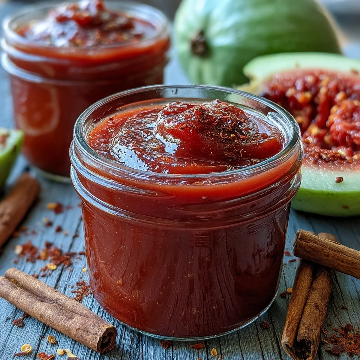 Vibrant pink-red guava BBQ sauce poured into a glass jar, garnished with fresh cilantro and lime.