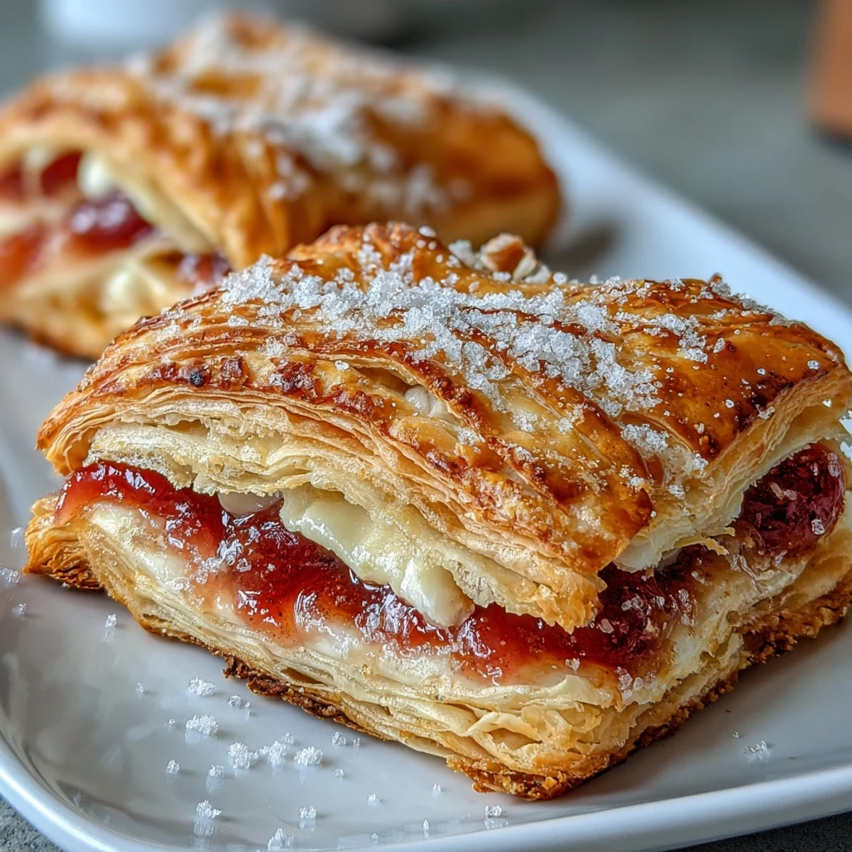 A bite-sized Guava and Cream Cheese Pastelito shows creamy cheese and sticky guava inside buttery layers.