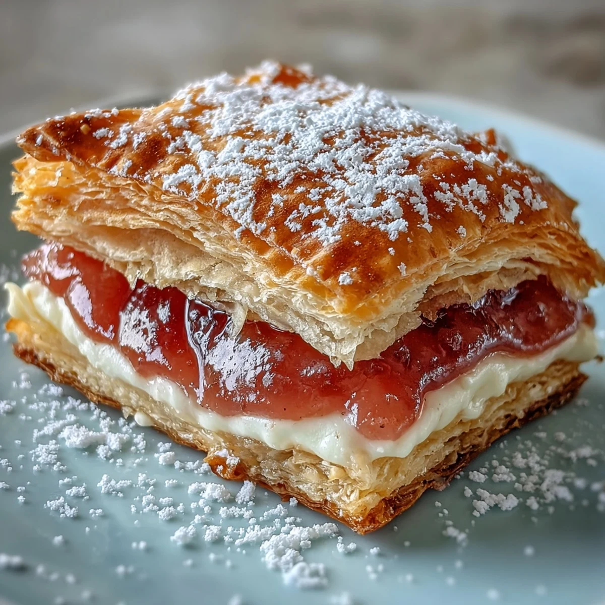 Golden-brown guava cheese pastries dusted with powdered sugar served warm on a rustic wooden board.