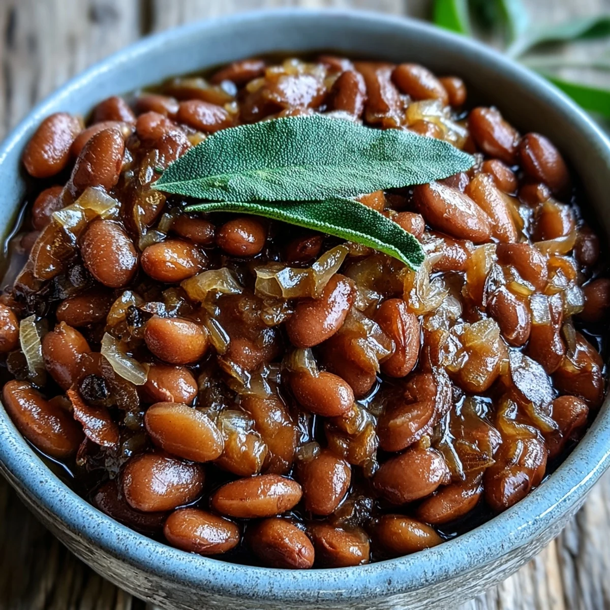 Slow-simmered pinto beans with onions, garlic, and bay leaves in a rustic pot, garnished with fresh parsley.