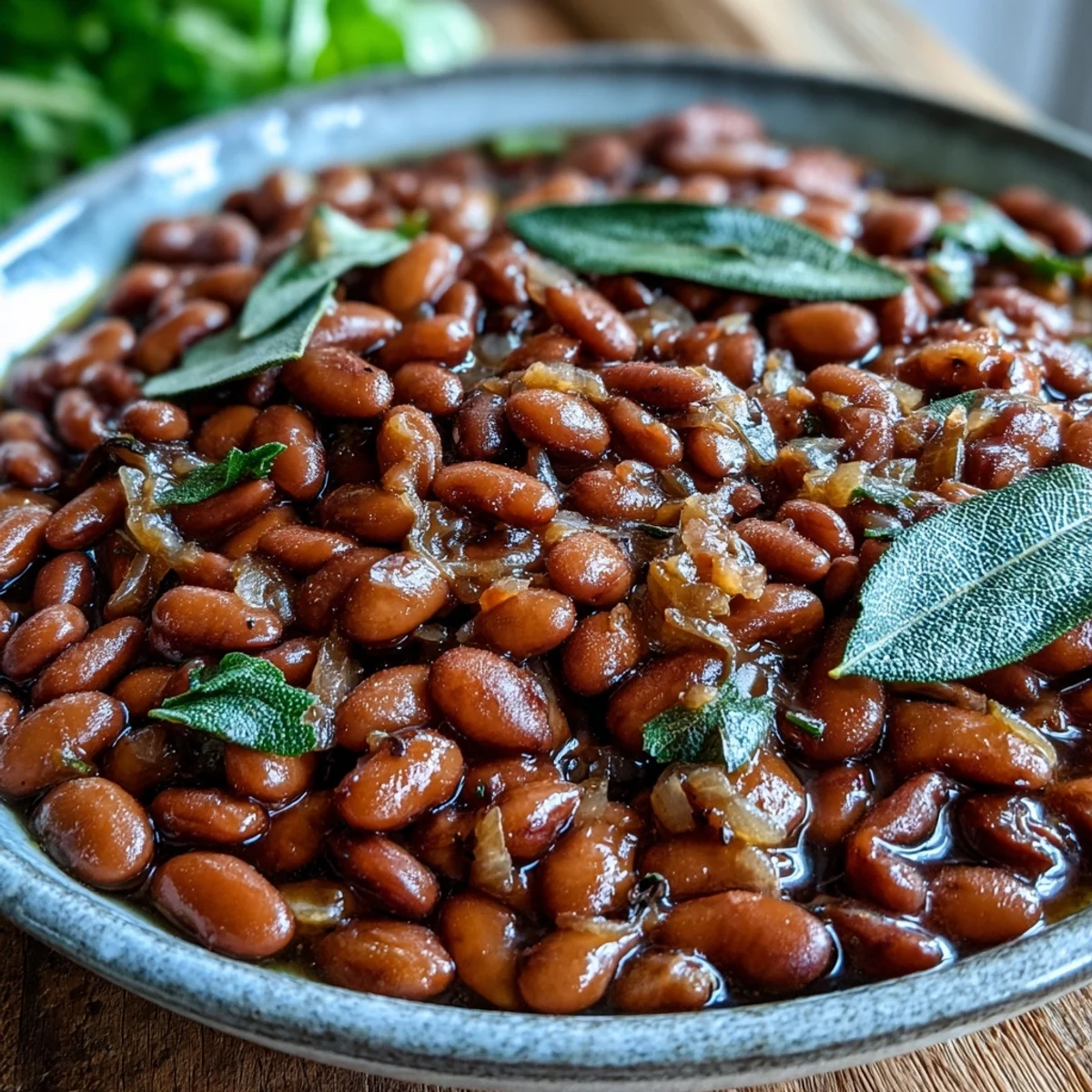Creamy pinto beans simmered with aromatics and bay leaves, served warm as a hearty vegan side dish.