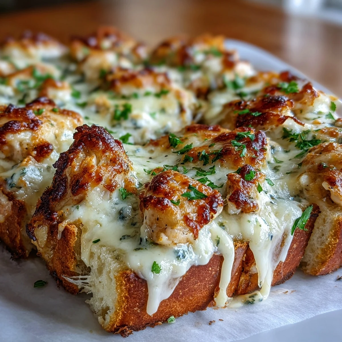 Decadent Italian-American Chicken Alfredo Garlic Bread loaf, cut into portions, showcasing rich, creamy sauce and golden cheese crust alongside a side of extra Alfredo for dipping.