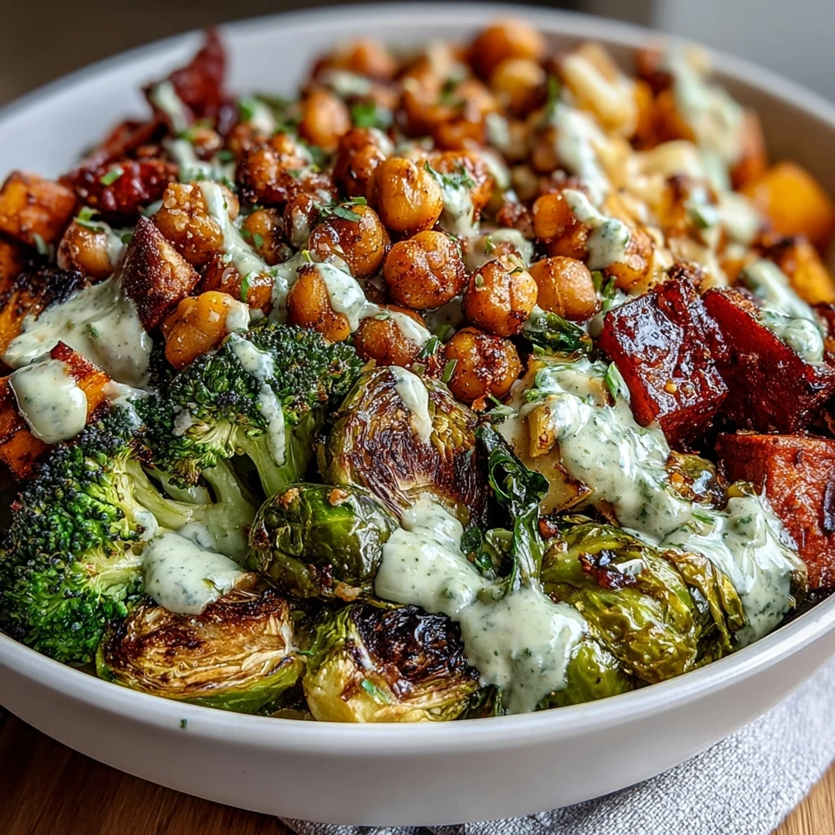 Crispy roasted chickpeas and caramelized vegetables in Roasted Veggie & Chickpea Bowls topped with creamy maple Dijon tahini dressing.