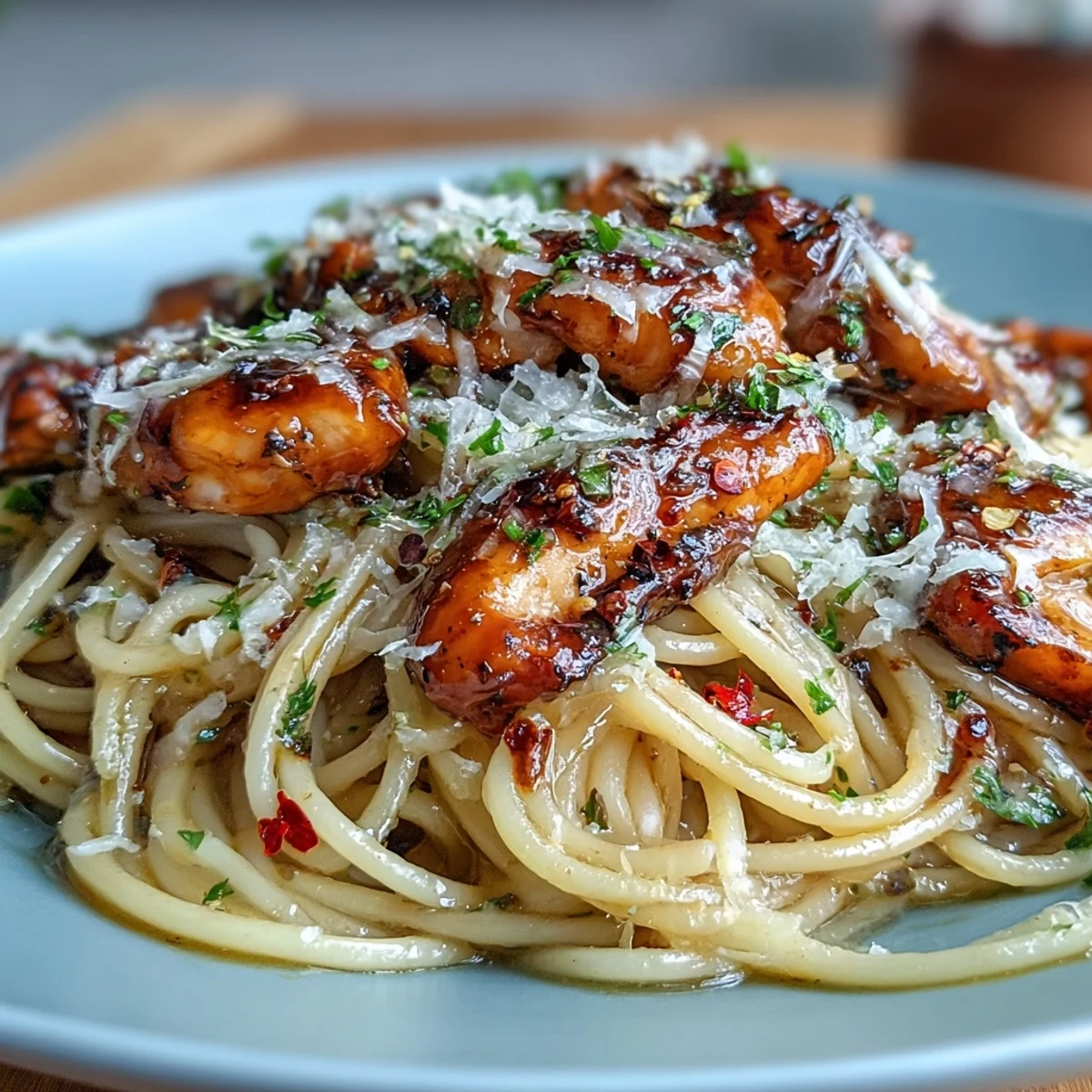 Steaming Sticky Honey Garlic Chicken Pasta with tender sliced chicken coated in a glossy, sticky honey garlic sauce.