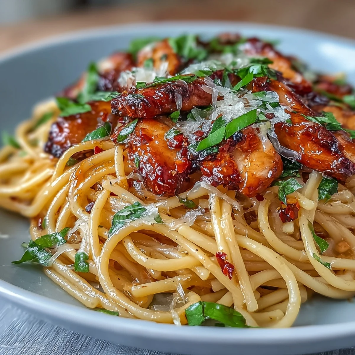 A skillet of Sticky Honey Garlic Chicken Pasta topped with Parmesan and red pepper flakes for a creamy, spicy finish.