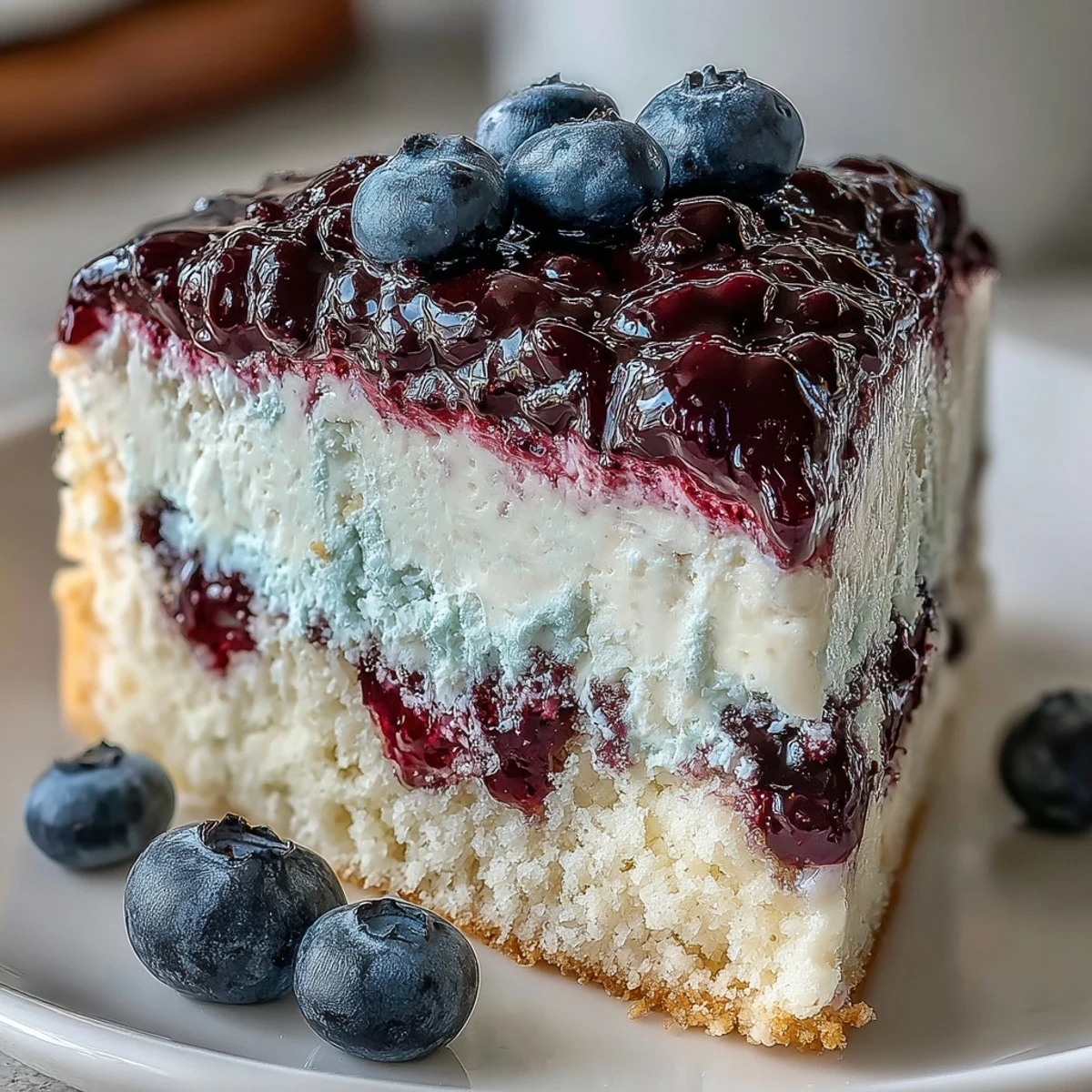 Freshly baked Lemon Blueberry Shortbread Mousse Cake with a golden crust and vibrant purple swirls.