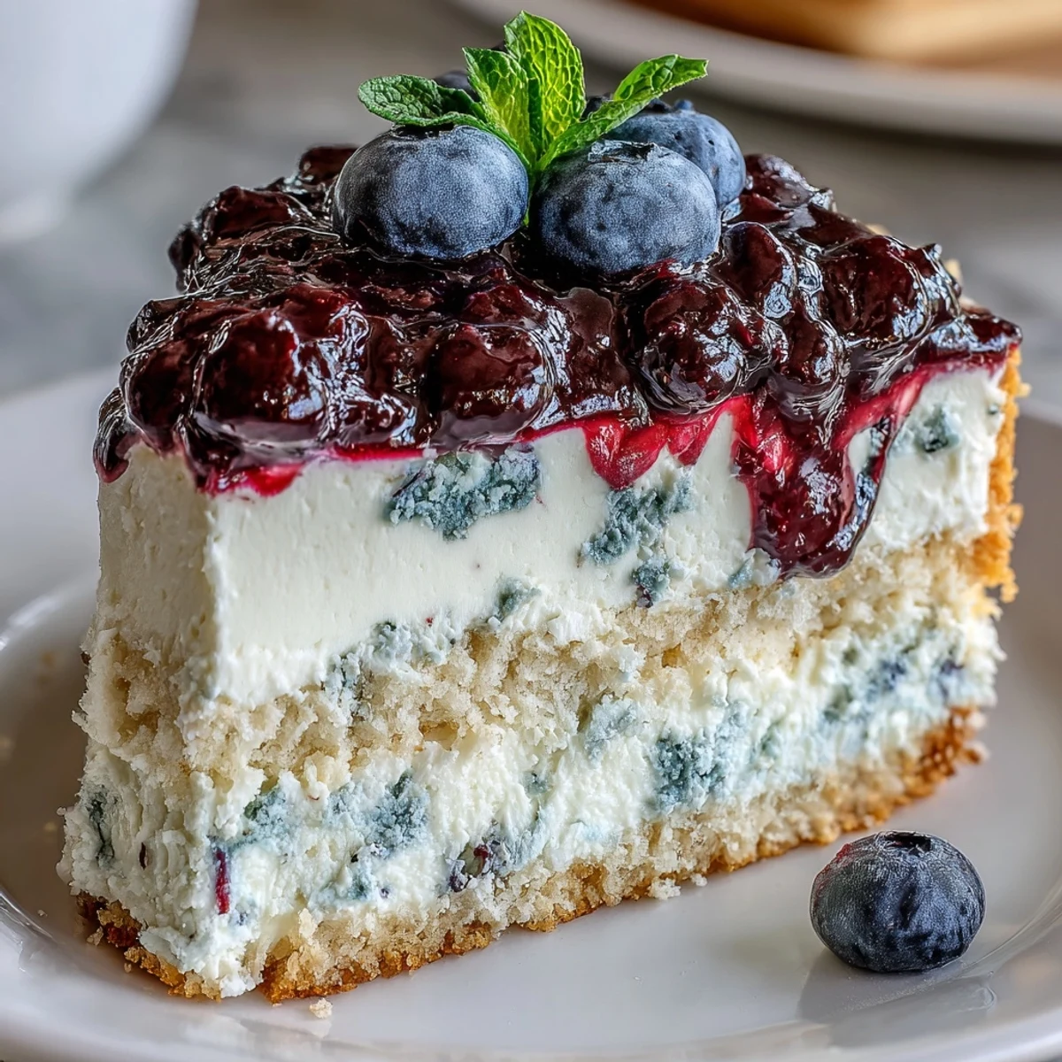 A moist slice of Lemon Blueberry Shortbread Mousse Cake topped with fresh blueberries and zest.