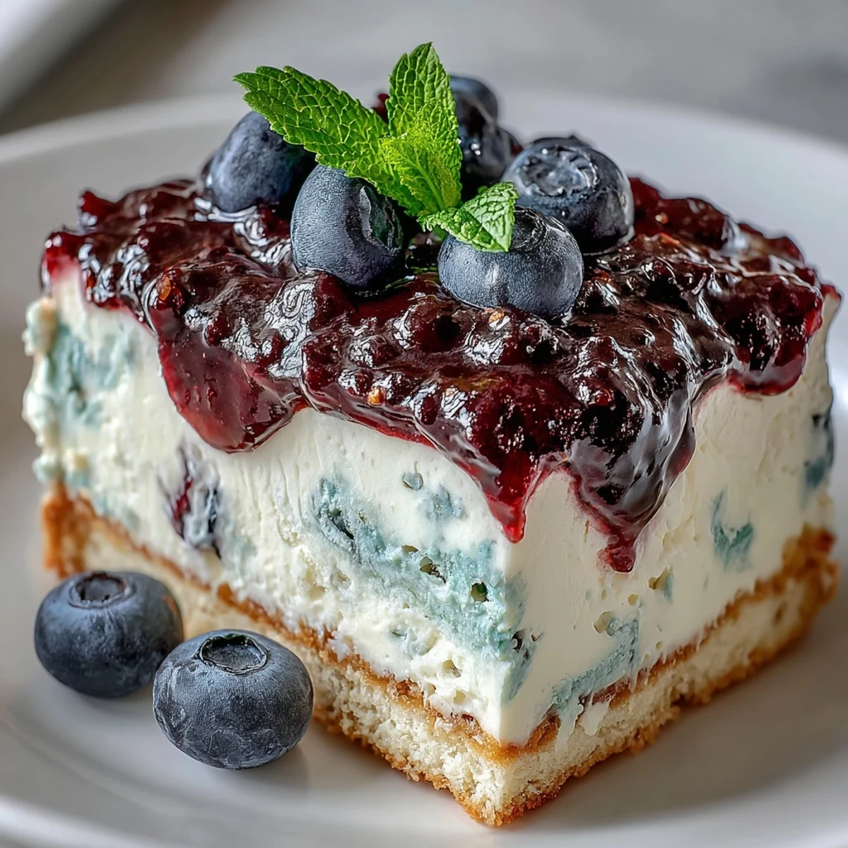 Lemon Blueberry Shortbread Mousse Cake slices layered with creamy mousse on a ceramic platter.