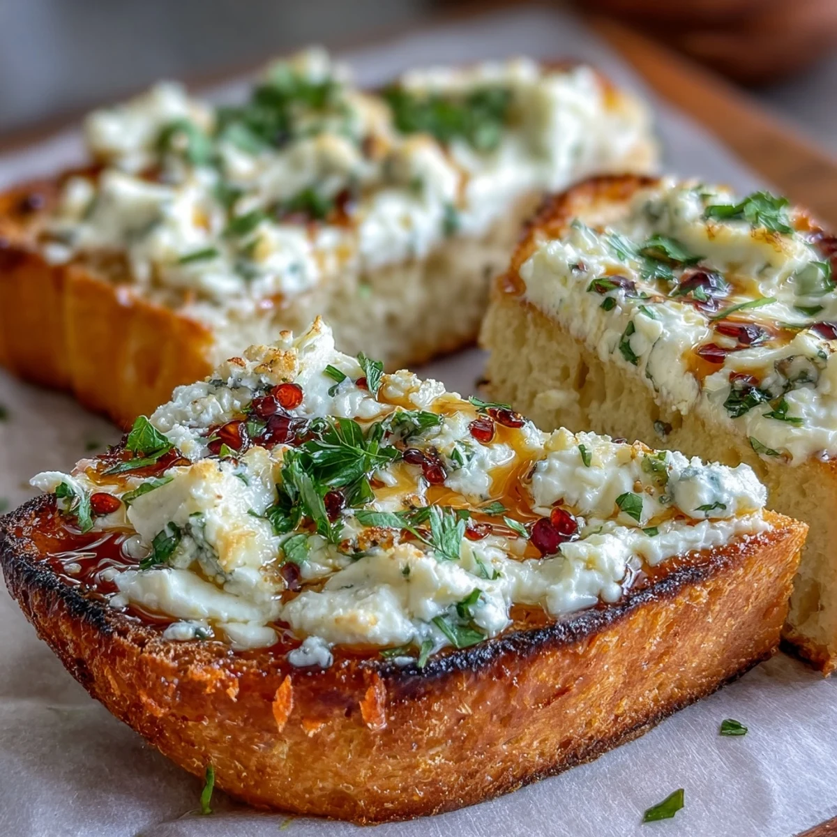 Sliced Hot Honey Ricotta Garlic Bread served warm on a wooden board, garnished with fresh parsley, ready to pair with a crisp Sauvignon Blanc.
