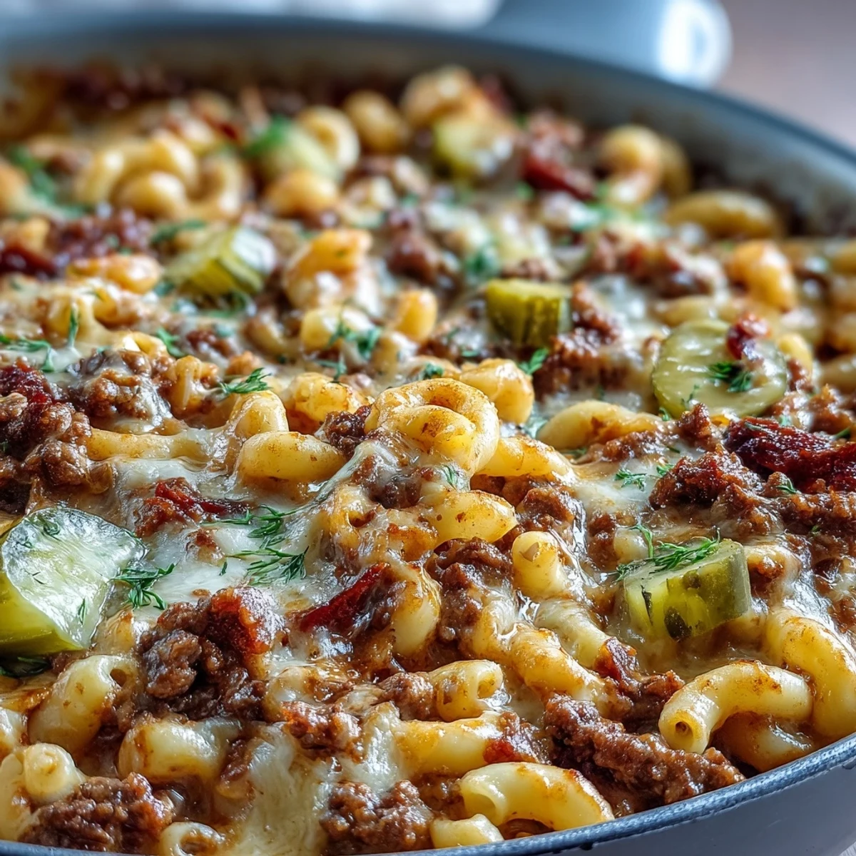 One-Pan Cheeseburger Chili Mac in a skillet with creamy cheddar sauce, ketchup swirls, and chopped pickles for a family dinner.