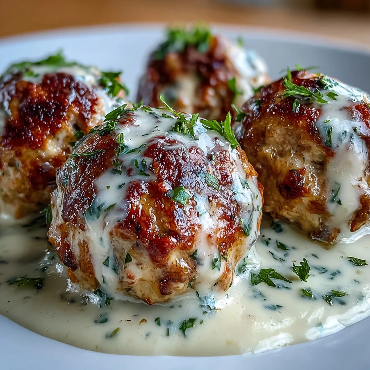 Freshly baked Creamy Garlic Ranch Turkey Meatballs simmer in a skillet with luscious cream sauce, perfect for a family weeknight dinner.
