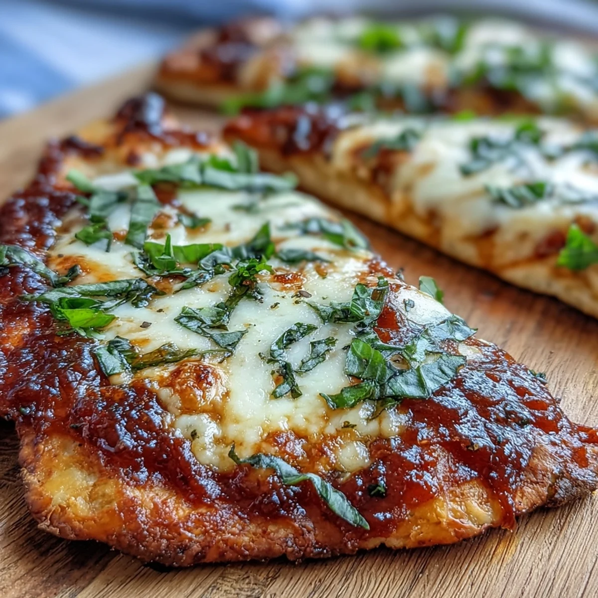 Golden, bubbly mozzarella and fresh green basil top golden Garlic Naan Margherita Pizzas, served hot from the oven.