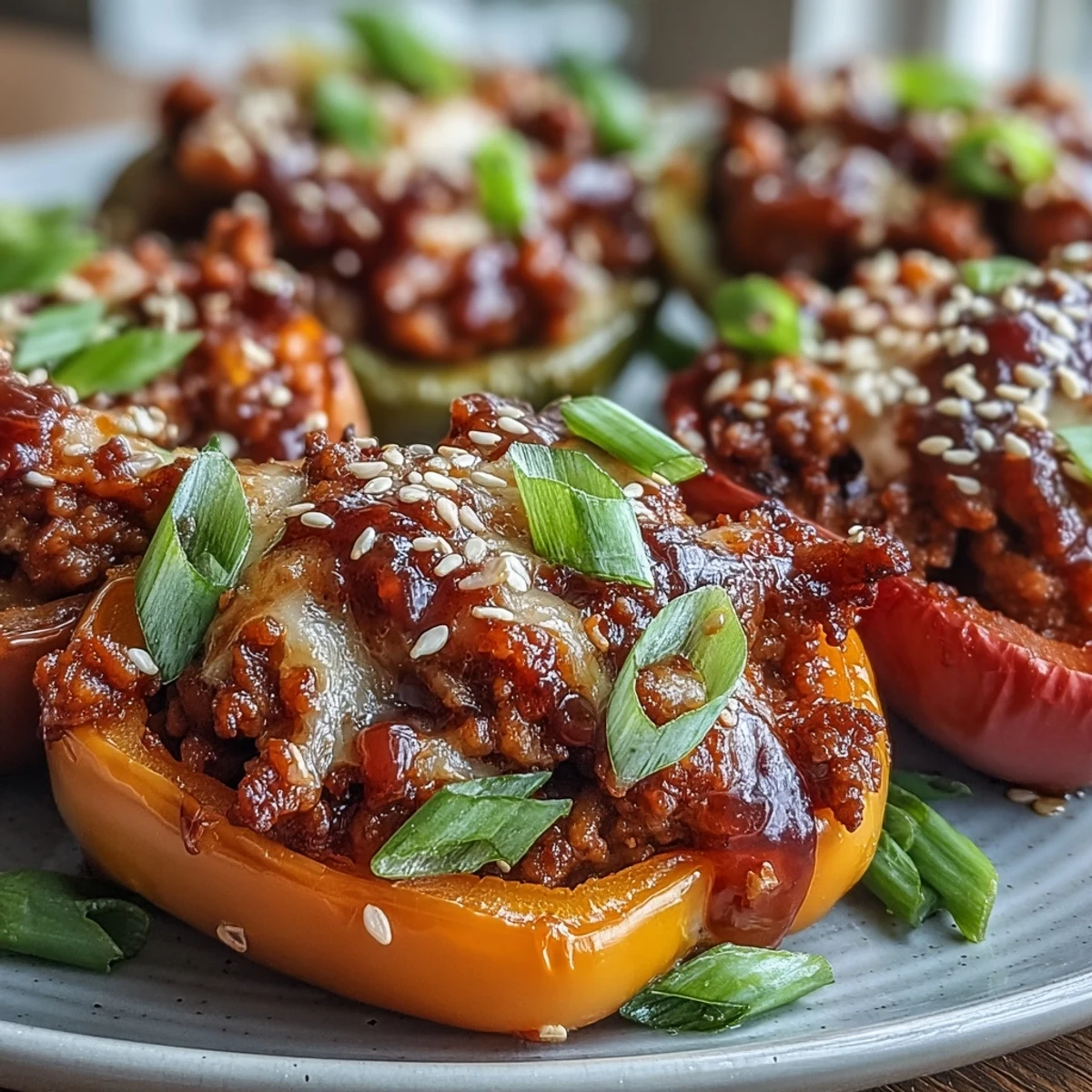 Halved mini sweet peppers filled with savory ground turkey and carrots, topped with bubbly golden cheese.