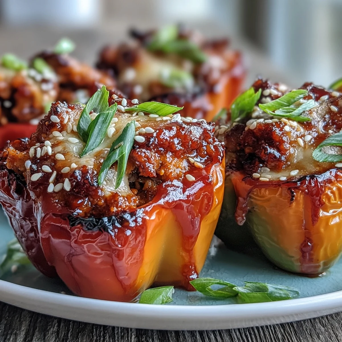 Freshly baked Korean-Style Turkey Stuffed Sweet Peppers with melted mozzarella and a sprinkle of sesame seeds.