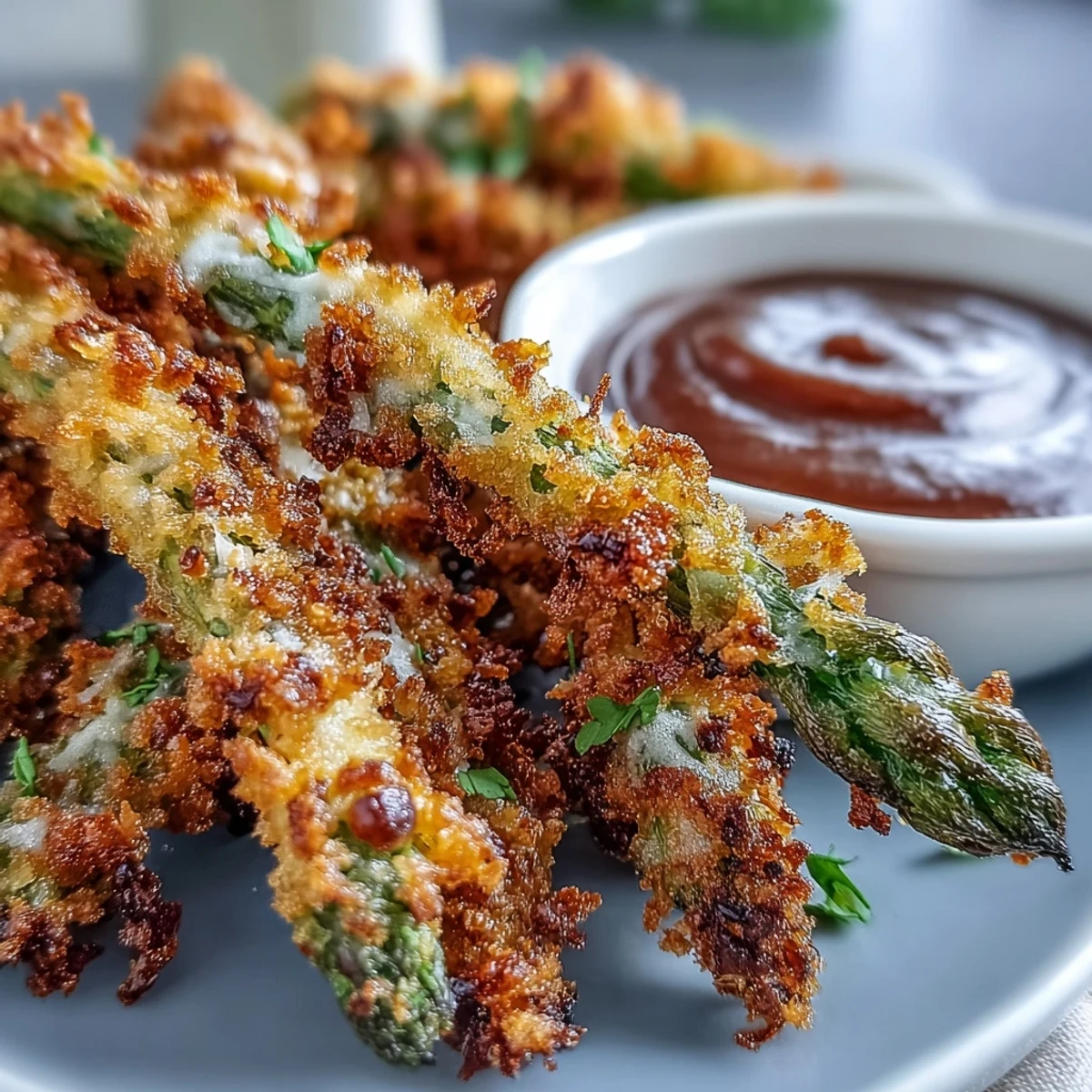 Golden-brown Crispy Chili-Garlic Asparagus Fries lay on a tray next to a creamy white bowl of sriracha mayo.