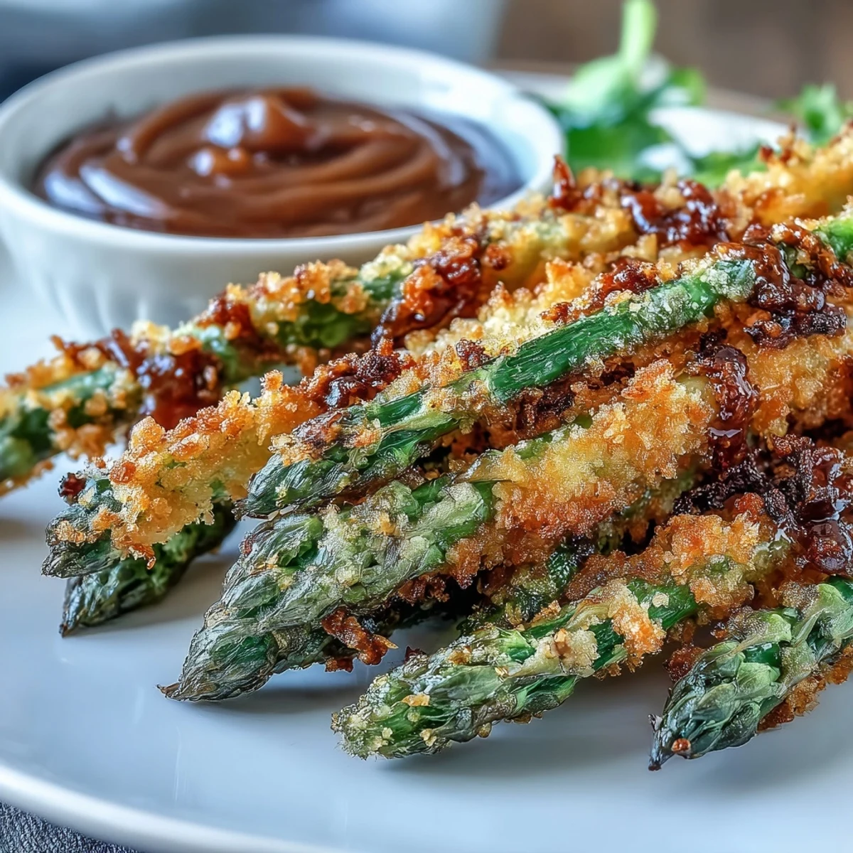 Sizzling Crispy Chili-Garlic Asparagus Fries are plated in a rustic basket with a side of spicy dipping sauce.