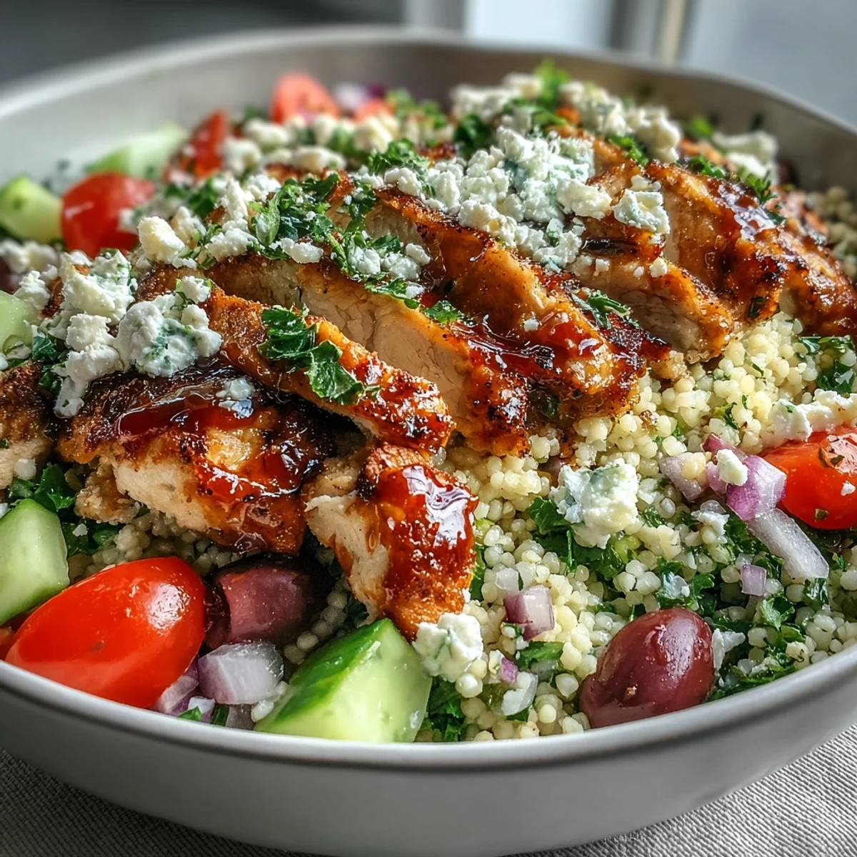 A plated Mediterranean Pearl Couscous Chicken Bowl showcases grilled chicken, vibrant tomatoes, cucumbers, and feta on fluffy couscous.