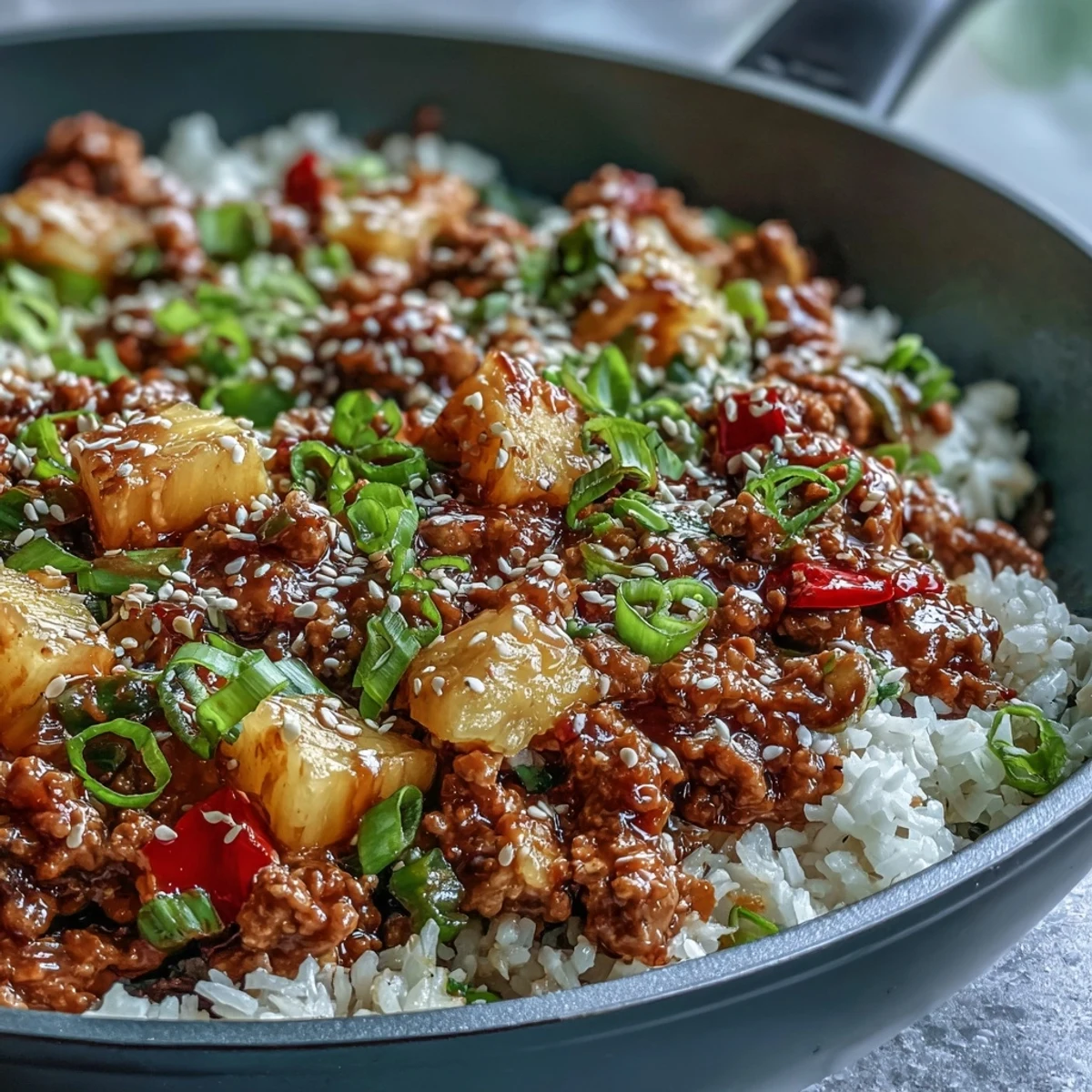 A one-pan sweet-and-sour turkey rice skillet brimming with fluffy rice, crisp peppers, and a glossy, Korean-inspired sauce, perfect for a weeknight dinner.