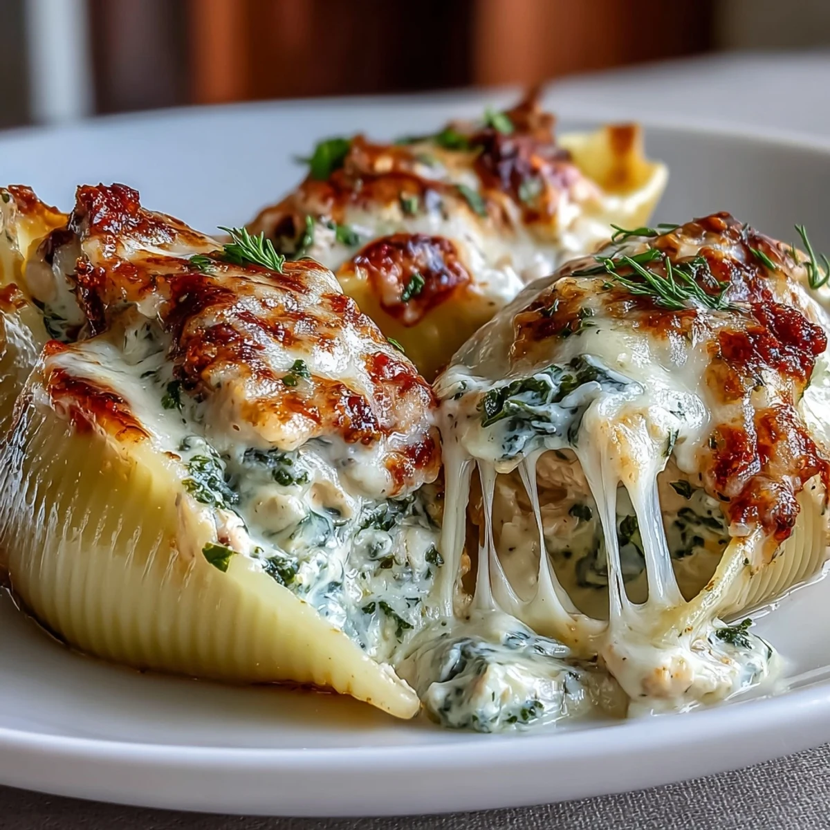 Golden-brown baked Pesto Chicken Stuffed Shells Lite with melted mozzarella and fresh basil garnish.