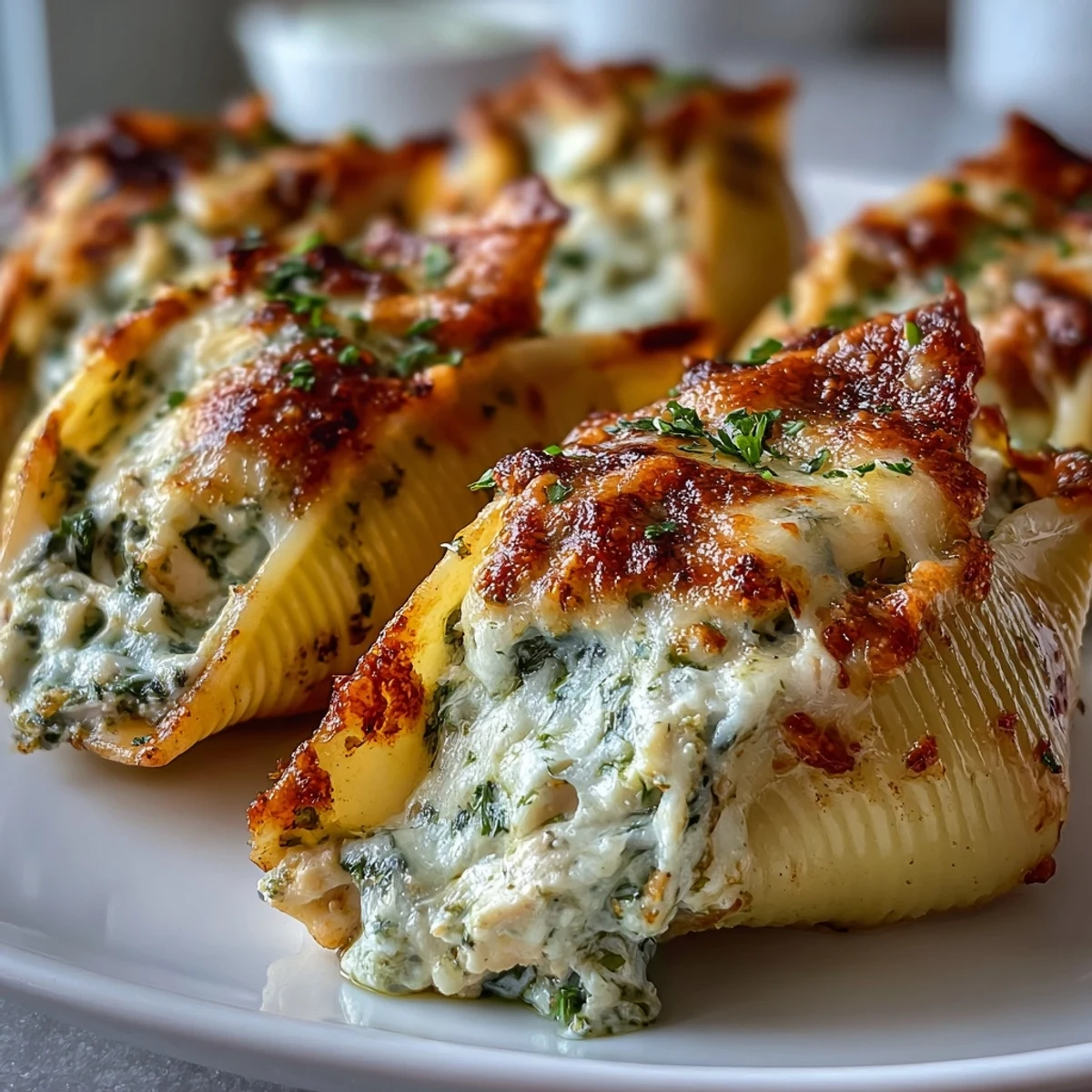 Bubbling marinara sauce surrounds tender jumbo pasta shells stuffed with creamy pesto chicken filling.
