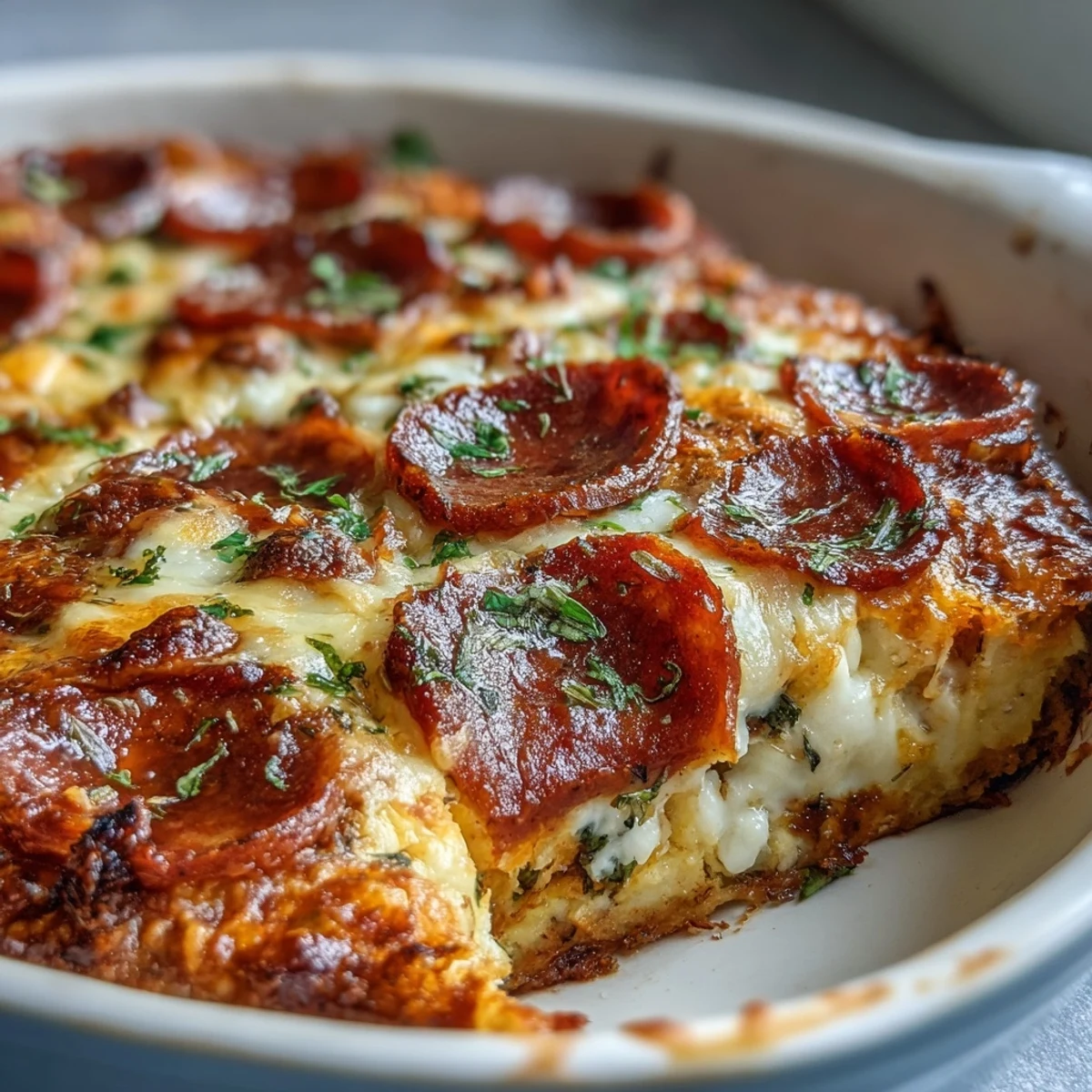 A close-up of the High-Protein Pizza Breakfast Casserole with golden bubbly cheese and slices of turkey pepperoni.