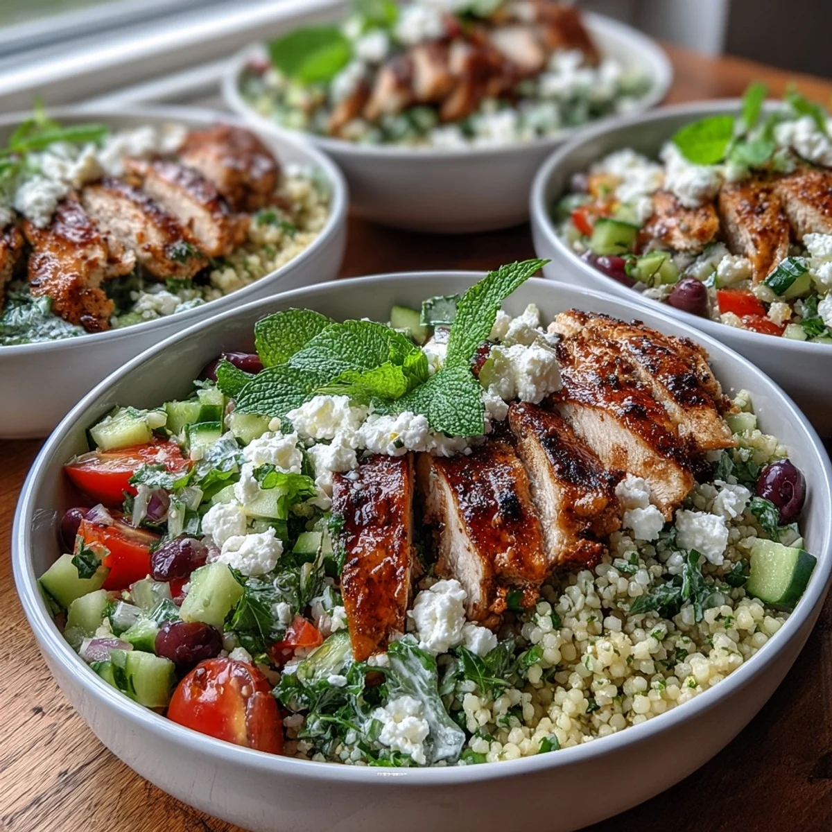 Juicy lemon-feta marinated chicken strips rest on a colorful Mediterranean pearl couscous chicken bowls salad with fresh herbs and diced vegetables.