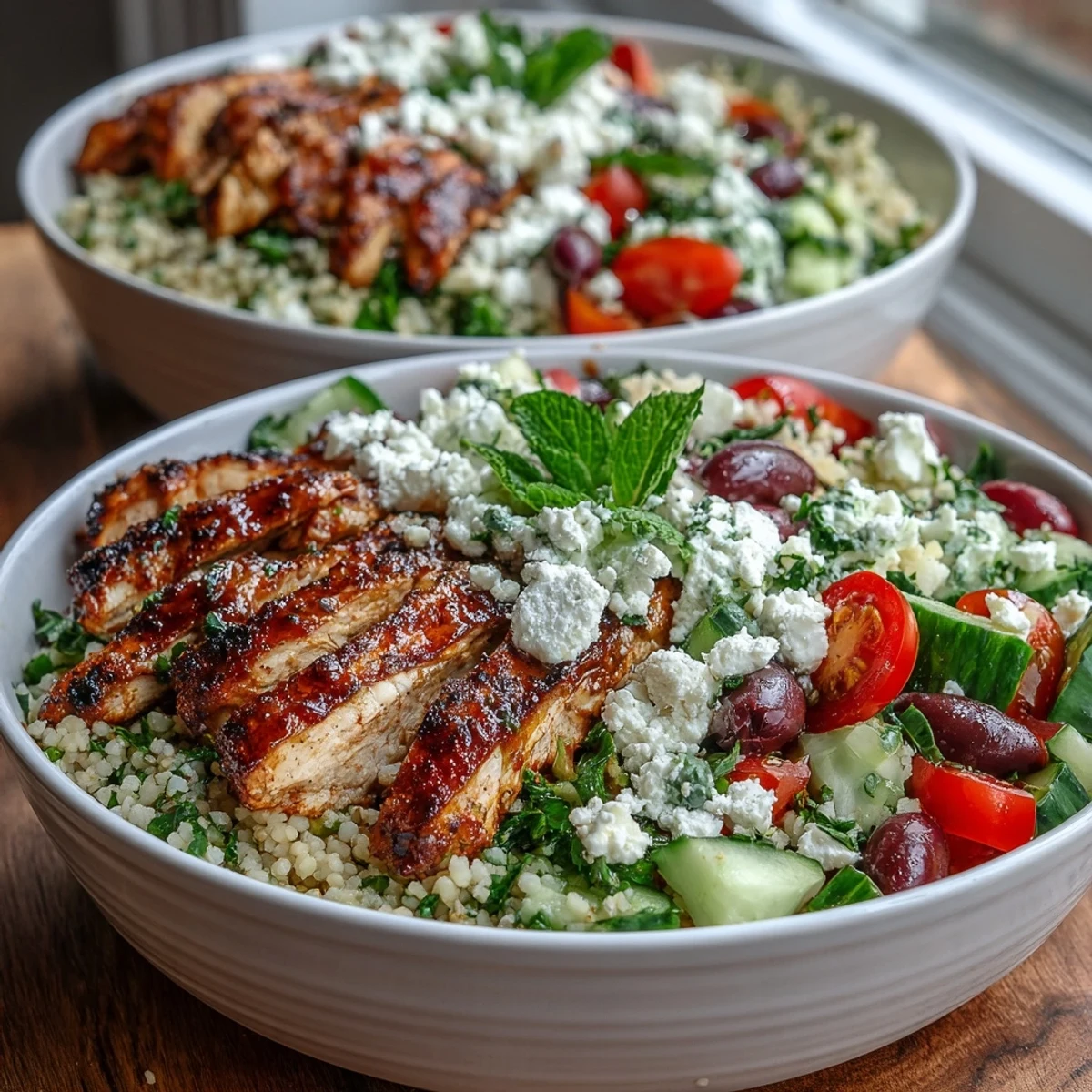 A vibrant Mediterranean pearl couscous chicken bowls platter with golden chicken, cucumber, bell pepper, and a bright lemony dressing, ready to enjoy.