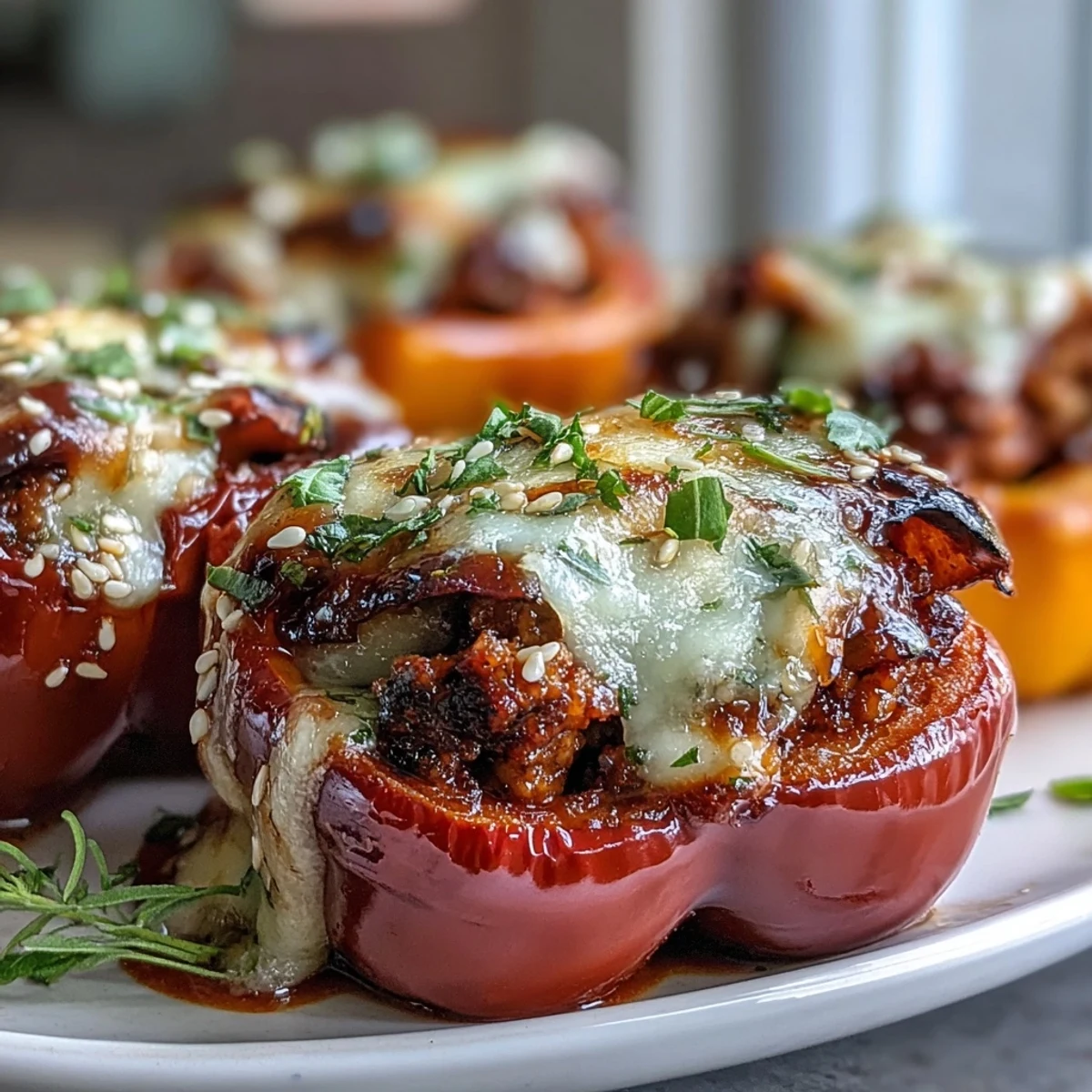 Golden-baked Korean-Style Turkey Stuffed Sweet Peppers gleam with melted mozzarella and sesame seeds on a white plate.