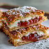 Freshly baked guava cheese pastries with golden, flaky crusts revealing sweet guava and creamy melted cheese.