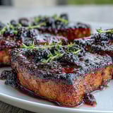 Golden pan-seared bourbon blackberry pork chops smothered in a glossy, ruby-red glaze, with fresh blackberries and herbs scattered on top.  
