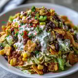 Bright Southwestern Frito Cowboy Cabbage with black beans, corn, and jalapeños drenched in smoky chipotle dressing. 