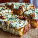 Savory Chicken Alfredo Garlic Bread hot from the oven, featuring bubbling cheese over buttery bread and seasoned chicken, ready to be sliced and served as a hearty appetizer.