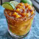 Vibrant frozen mango margarita mocktail in a salt-rimmed glass with fresh lime and mango garnish.  