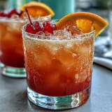 Vibrant ombre sunrise mocktail with grenadine, orange, and pineapple juices, served with ice and a cherry garnish.