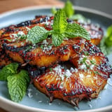 Caramelized grilled pineapple with spicy yuzu kosho butter, ready to serve garnished.