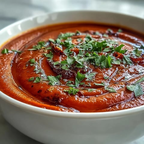 Vibrant Roasted Red Pepper Soup, creamy and rich, served with crusty bread.