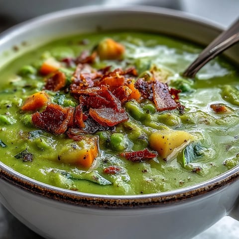 Hearty, creamy split pea soup simmering with diced carrots and potatoes in a rustic pot, served with crusty bread.  