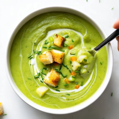 A bowl of creamy broccoli soup garnished with chives and a swirl of cream, served hot.