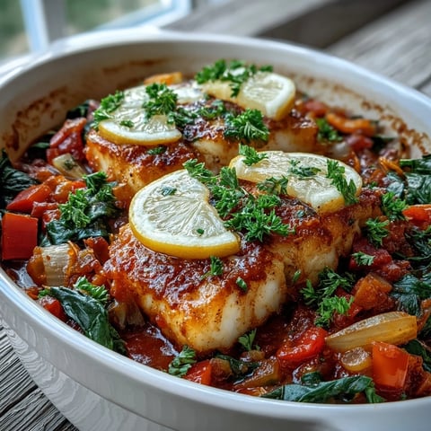 Golden-brown Spiced Cod One Pot stewed with red bell peppers, spinach, and tomatoes, garnished with fresh cilantro and lemon wedges.