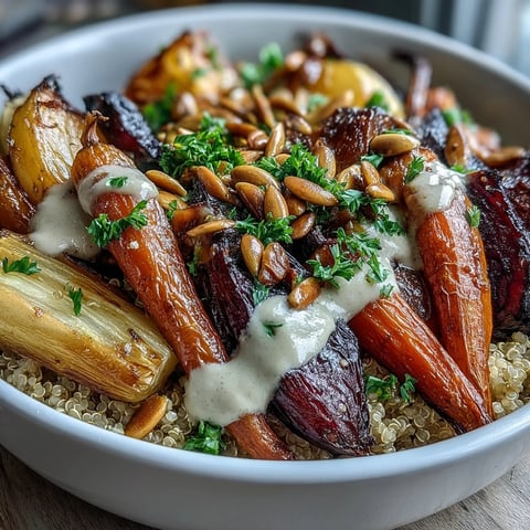 Roasted Root Vegetable Bowl with golden, caramelized veggies atop fluffy quinoa, drizzled with creamy tahini.