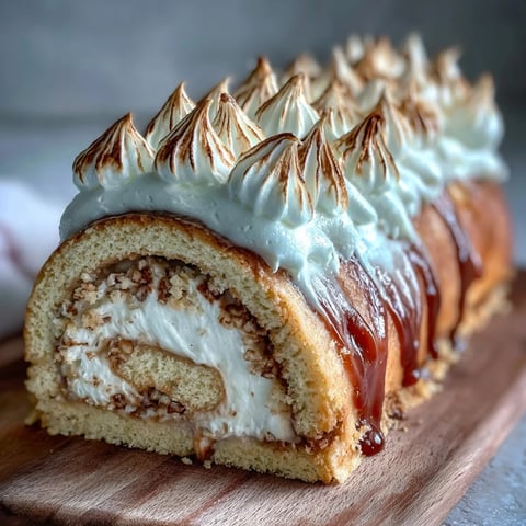 Freshly rolled Homemade Brazo Gitano with sweet guava filling, fluffy meringue topping, and golden edges on a serving platter.