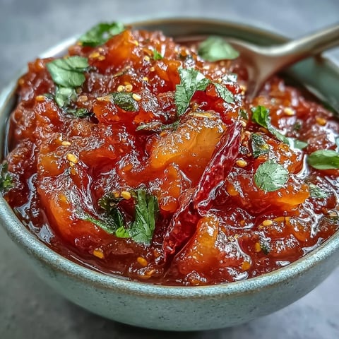 Golden-brown tempering with mustard seeds and curry leaves sizzles over the vibrant Guava Chutney in a rustic serving bowl.